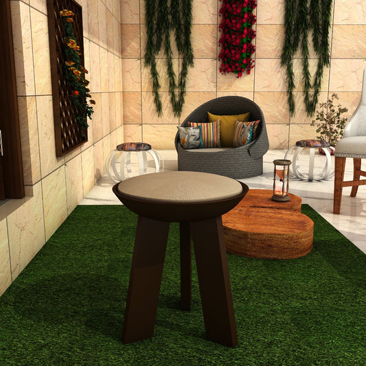 Seating stool in wood with cushioned seat in fabric,utility stool for seating,Floor standing stool in brown,Seating stool in vintage look,Seating -VI551