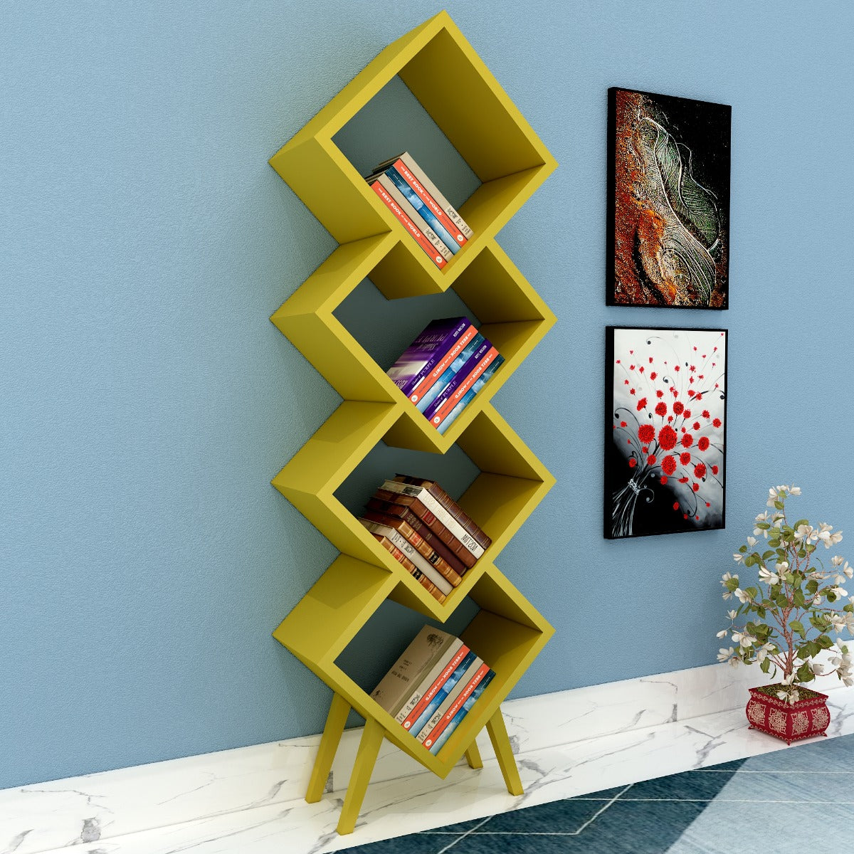 Wooden bookshelf ,  bookshelf  with tapered shelves , Mustard colour bookshelf, floor standing  bookshelf, Bookshelf-IM1014