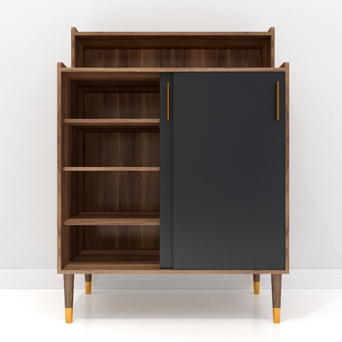 Mid-Century Modern Bookshelf with Navy Blue Door and Walnut Wood,  VT-3003