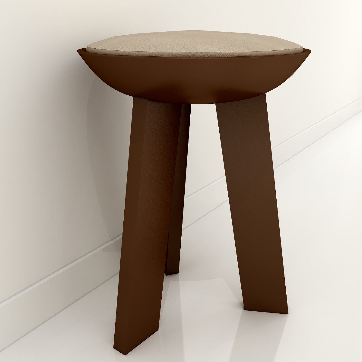 Seating stool in wood with cushioned seat in fabric,utility stool for seating,Floor standing stool in brown,Seating stool in vintage look,Seating -VI551