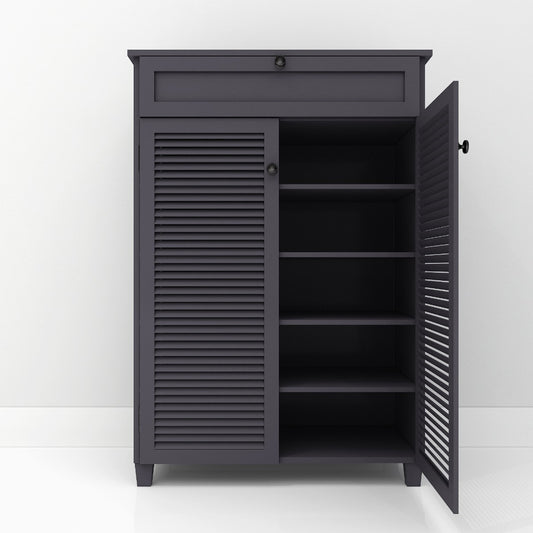 Dark Grey Slat Door Shoe Cabinet with Drawer,  IM-1006
