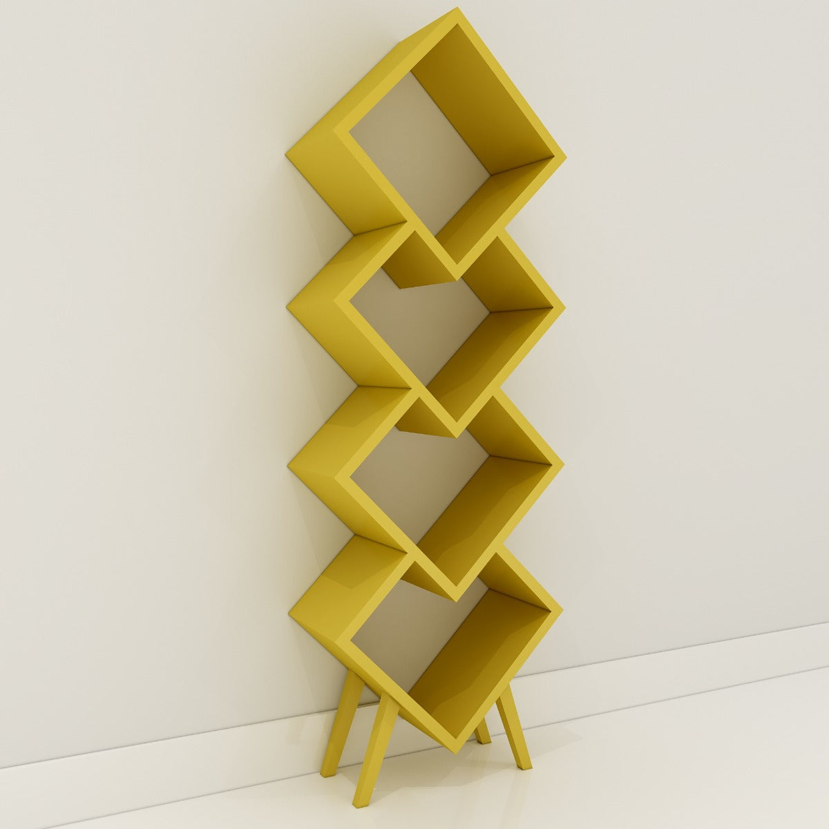 Wooden bookshelf ,  bookshelf  with tapered shelves , Mustard colour bookshelf, floor standing  bookshelf, Bookshelf-IM1014