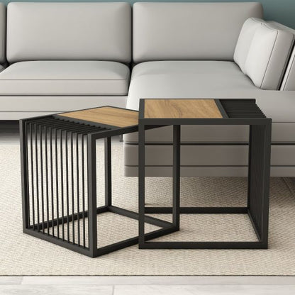 Square Nesting Table , 2 Nesting table with metal legs & bars , Nesting Table in Black & Wood Color, Nesting table for Living room, Nesting Table - VI860