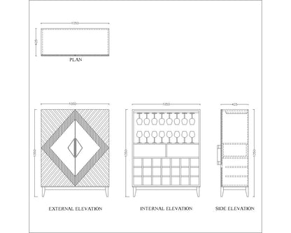Light Wood Chevron Bar Cabinet – Holds 12 Bottles & 6 Glasses, Hidden Drawer, Designer Carved Doors & Tapered Legs VT-3005