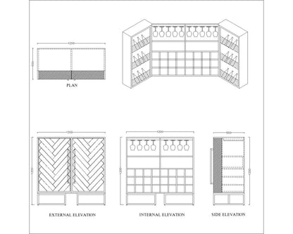 Chevron Wooden Bar Cabinet – Holds 9 Bottles & 6 Glasses, Hidden Drawer, Side Storage Racks & Copper Legs VT-3006