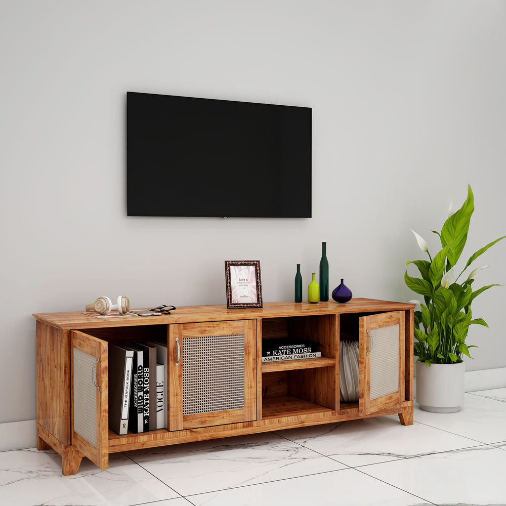 Entertainment Unit, Solid Wood Entertainment Unit, Brown Color Entertainment Unit , Entertainment Unit with Shutter, Entertainment unit with Open Shelf, Entertainment Unit-  VT- 10032