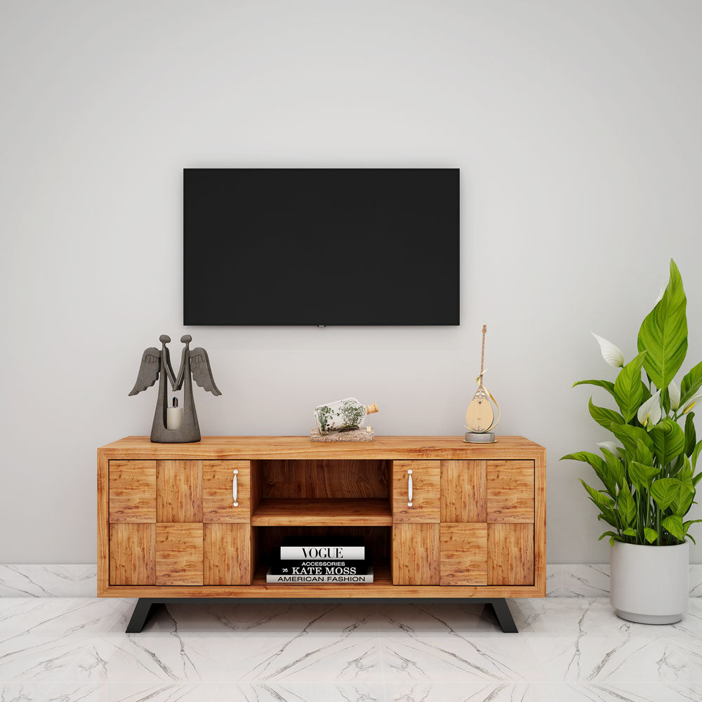 Entertainment Unit, Solid Wood Entertainment Unit, Brown Color Entertainment Unit , Entertainment Unit with Shutter, Entertainment Unit with Open Shelf, Entertainment Unit-  VT- 10034