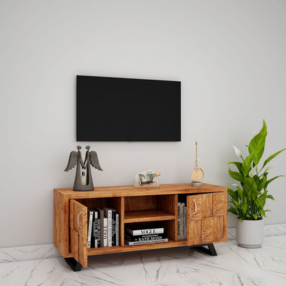 Entertainment Unit, Solid Wood Entertainment Unit, Brown Color Entertainment Unit , Entertainment Unit with Shutter, Entertainment Unit with Open Shelf, Entertainment Unit-  VT- 10034