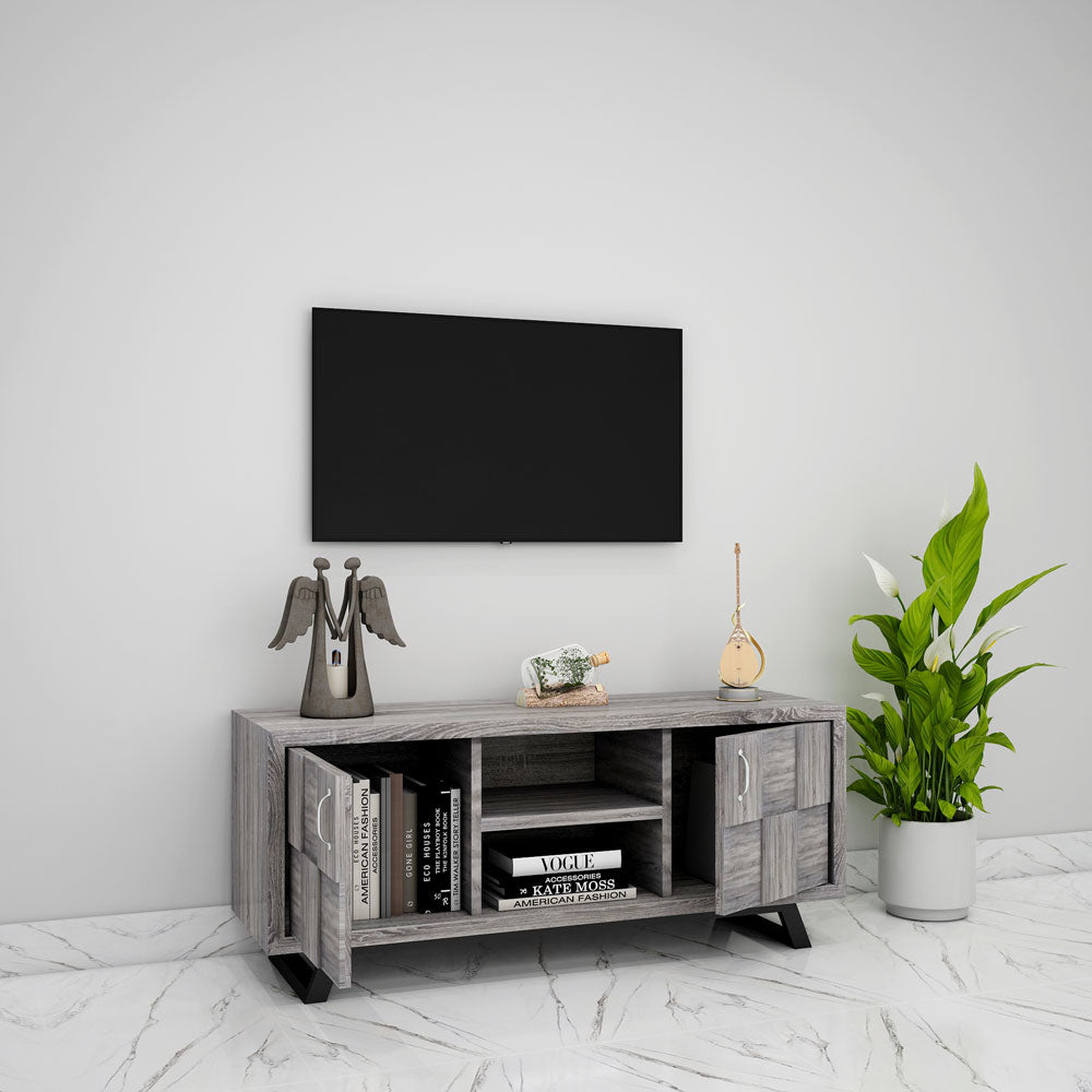 Entertainment Unit, Solid Wood Entertainment Unit, Grey Color Entertainment Unit , Entertainment Unit with Shutter, Entertainment Unit with Open Shelf, Entertainment Unit-  VT- 10035