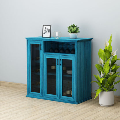 Bar Cabinet, Solid Wood Bar Cabinet, Blue Color Bar Cabinet, Bar Cabinet With Shutter, Bar Cabinet With Open Shelf, Bar Cabinet - VT10061