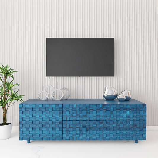 Entertainment Unit, Solid Wood TV Unit, Blue Color TV Cabinet, TV Unit with Shutter, TV Unit with Open Shelf, Entertainment Unit - VT10064