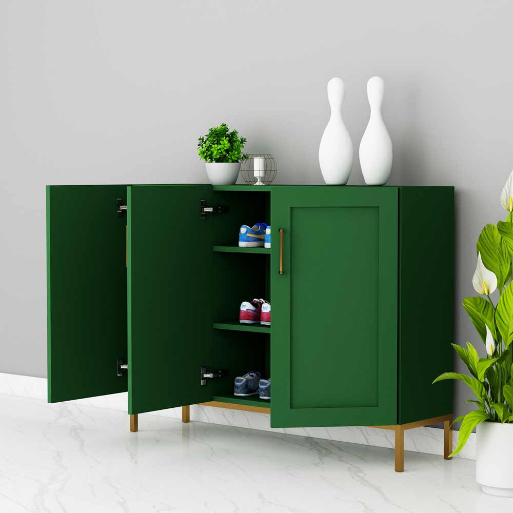 Emerald Green Shoe Cabinet with Triple-Door Storage & Gold Metal Base – VT-10065