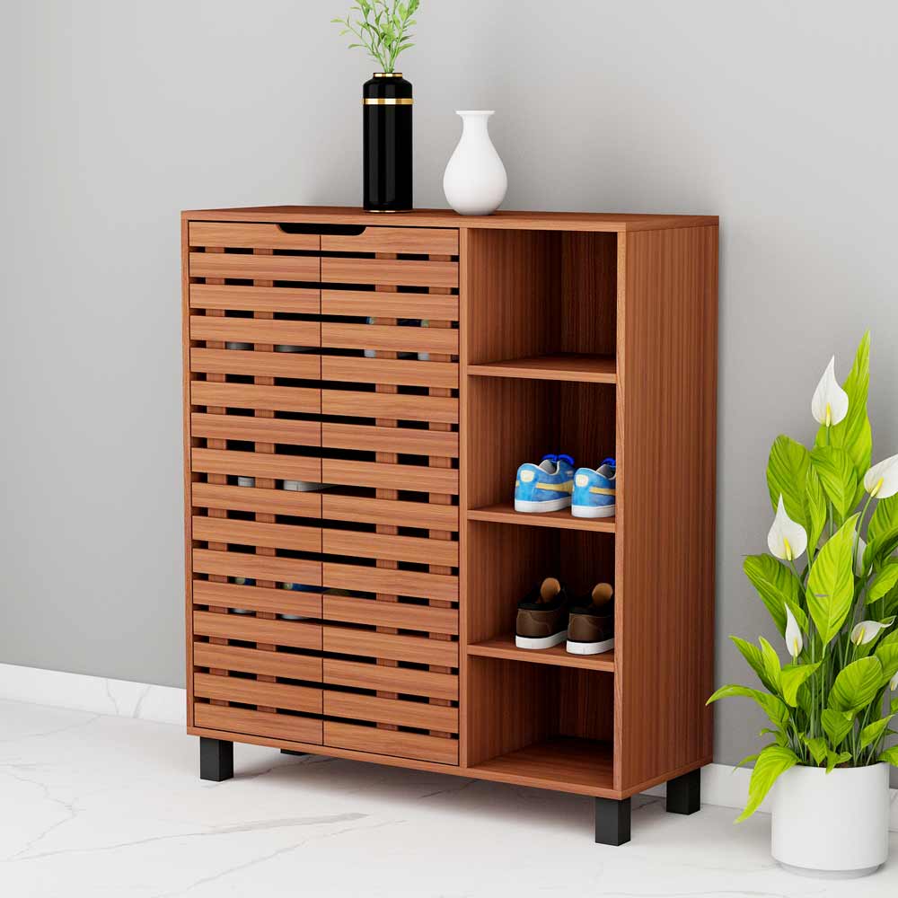 Dark Walnut Finish Shoe Cabinet with Louvered Dual Door & Open Side Shelves, Sleek Metal Legs – VT-10067