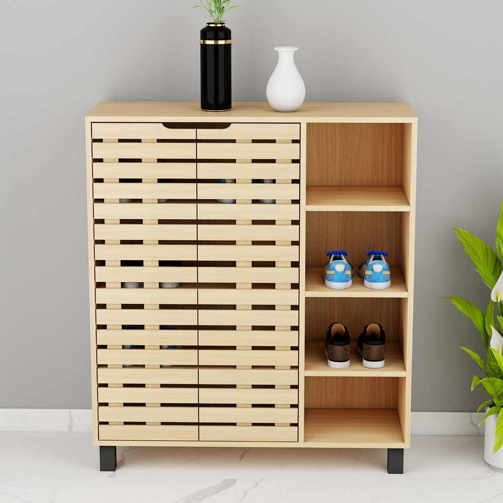 Modern Light Oak Shoe Cabinet with Louvered Dual Door & Open Side Shelves, Black Metal Legs – VT-10068