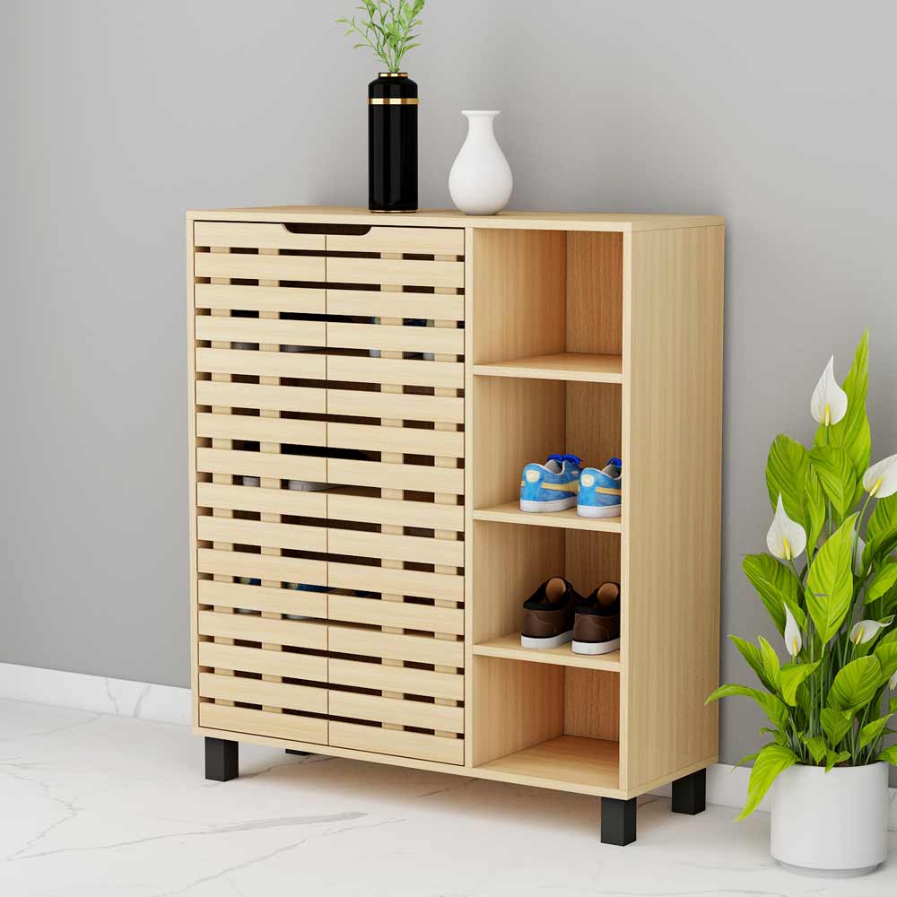 Modern Light Oak Shoe Cabinet with Louvered Dual Door & Open Side Shelves, Black Metal Legs – VT-10068