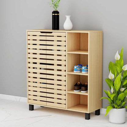 Modern Light Oak Shoe Cabinet with Louvered Dual Door & Open Side Shelves, Black Metal Legs – VT-10068