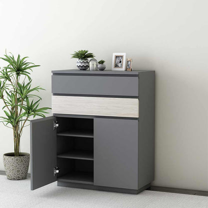 Modern Grey Shoe Cabinet with Dual-Tone Drawer, Adjustable Shelves & Dual Door Storage – VT-10070