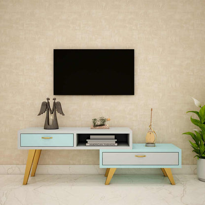 Entertainment Unit, Blue & Grey Color TV Unit, Entertainment Unit For Living & Bedroom Area, Entertainment Unit With Open Shelf, Entertainment Unit With Drawer, Entertainment Unit With MS Leg In Gold Finish, Entertainment Unit - VT10071