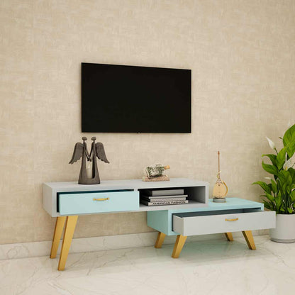 Entertainment Unit, Blue & Grey Color TV Unit, Entertainment Unit For Living & Bedroom Area, Entertainment Unit With Open Shelf, Entertainment Unit With Drawer, Entertainment Unit With MS Leg In Gold Finish, Entertainment Unit - VT10071