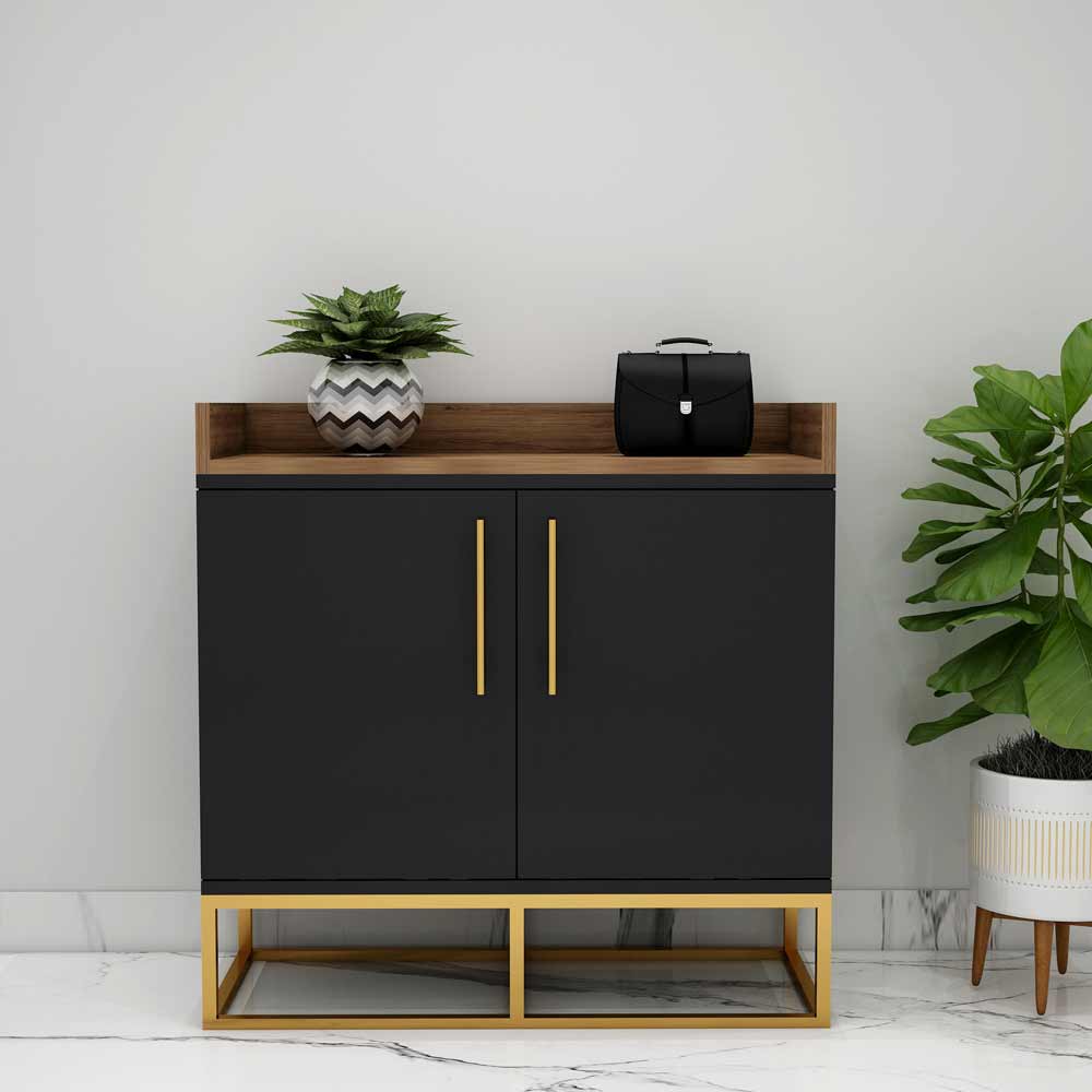 Modern Black & Oak Wood Shoe Cabinet with Gold Metal Base, Dual Door Storage & Open Shelf – VT-10072