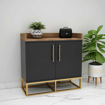 Modern Black & Oak Wood Shoe Cabinet with Gold Metal Base, Dual Door Storage & Open Shelf – VT-10072