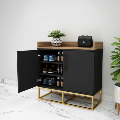 Modern Black & Oak Wood Shoe Cabinet with Gold Metal Base, Dual Door Storage & Open Shelf – VT-10072