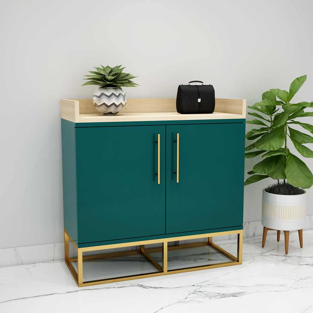 Modern Teal Shoe Cabinet with Golden Frame and Tray Top – VT-10073