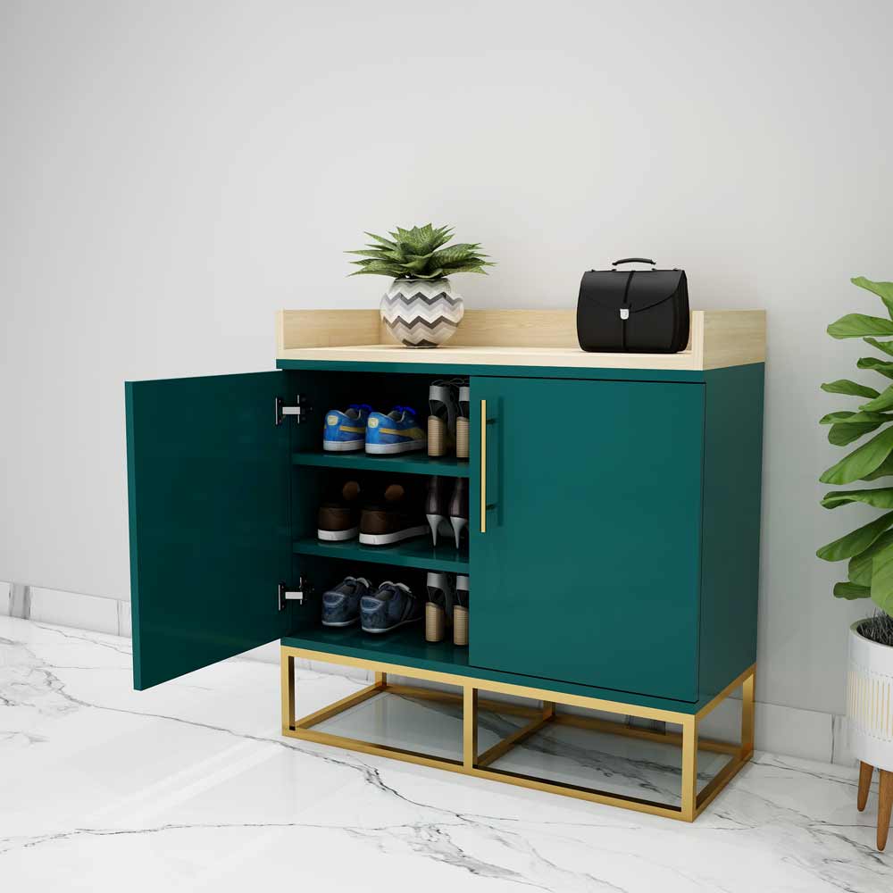 Modern Teal Shoe Cabinet with Golden Frame and Tray Top – VT-10073