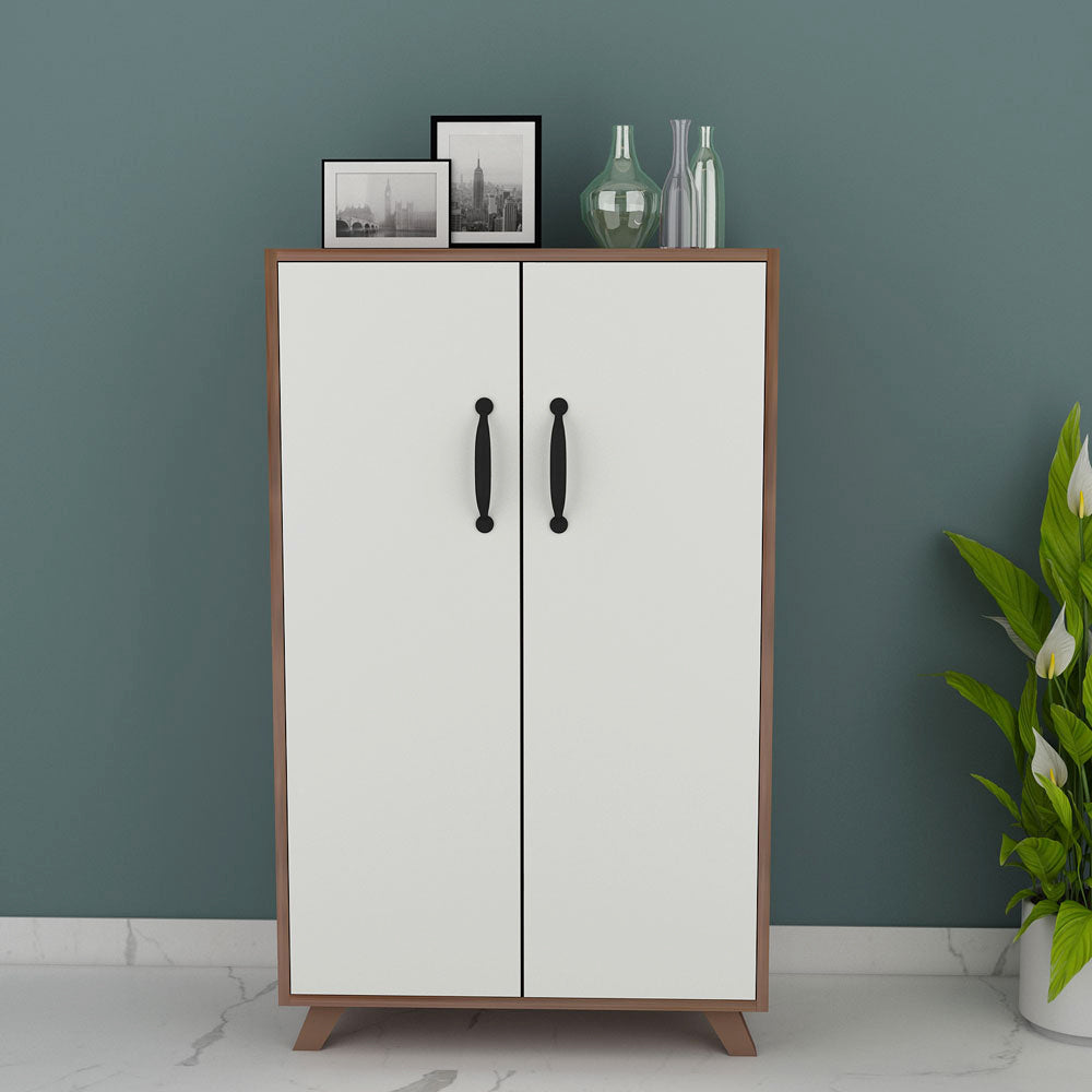 Walnut & White Tall Shoe Cabinet with Dual Doors – VT-10077