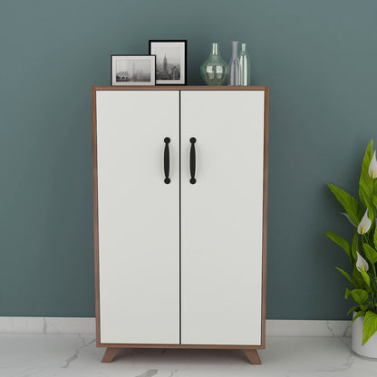 Walnut & White Tall Shoe Cabinet with Dual Doors – VT-10077