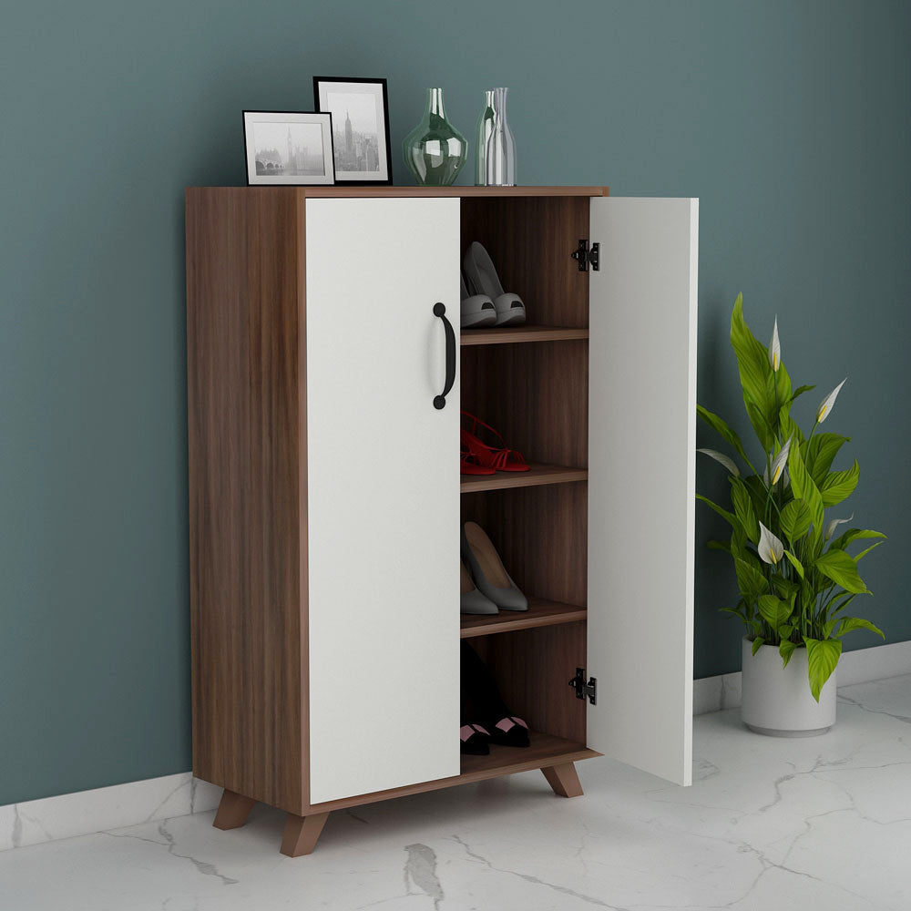Walnut & White Tall Shoe Cabinet with Dual Doors – VT-10077