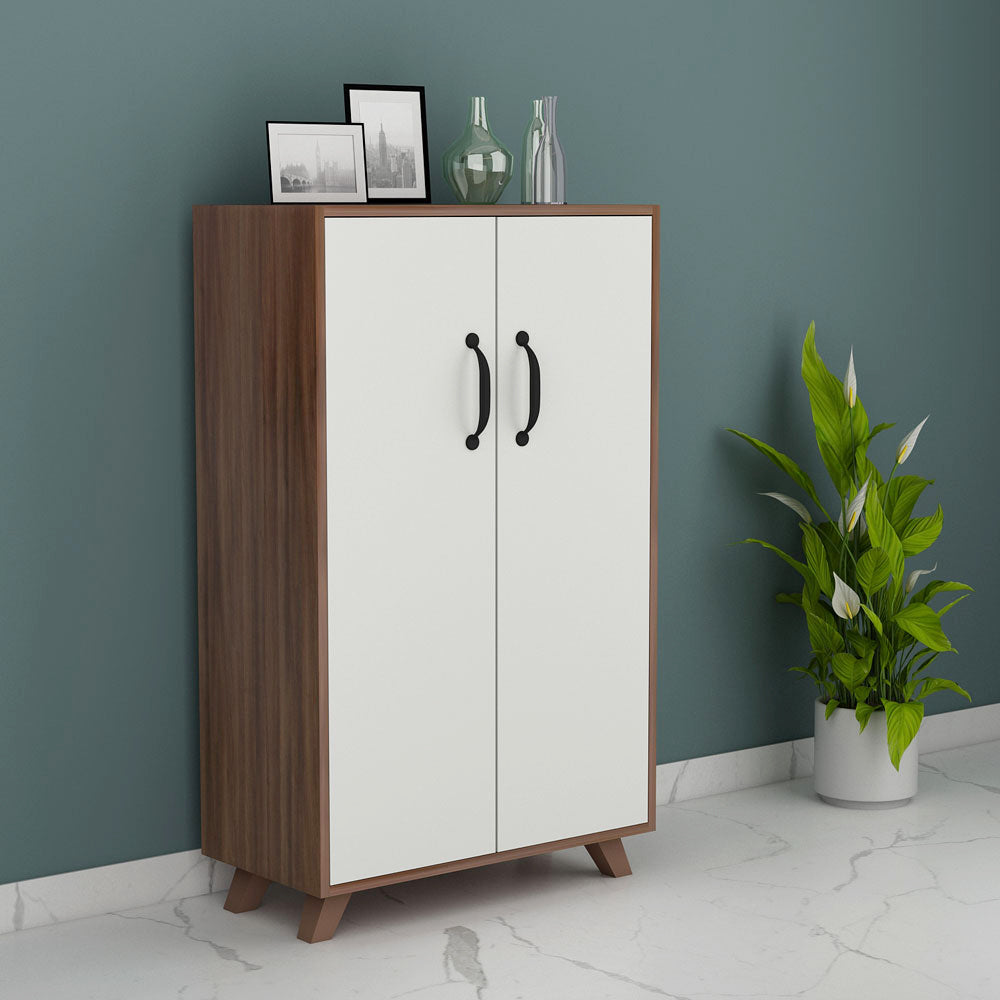 Walnut & White Tall Shoe Cabinet with Dual Doors – VT-10077