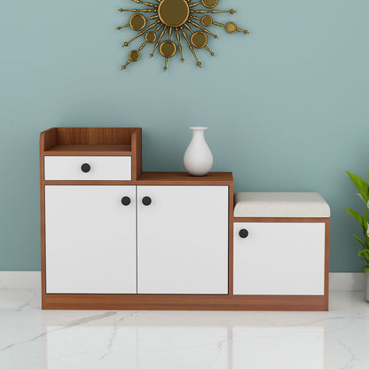 Multipurpose Shoe Cabinet with Cushioned Seating, Drawer & Dual Storage Cabinets – Walnut Finish with White Doors – VT-10078