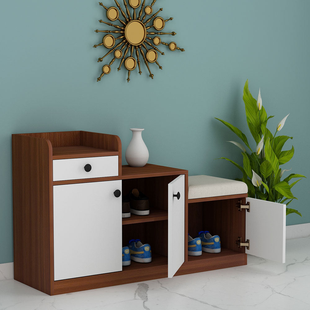 Multipurpose Shoe Cabinet with Cushioned Seating, Drawer & Dual Storage Cabinets – Walnut Finish with White Doors – VT-10078