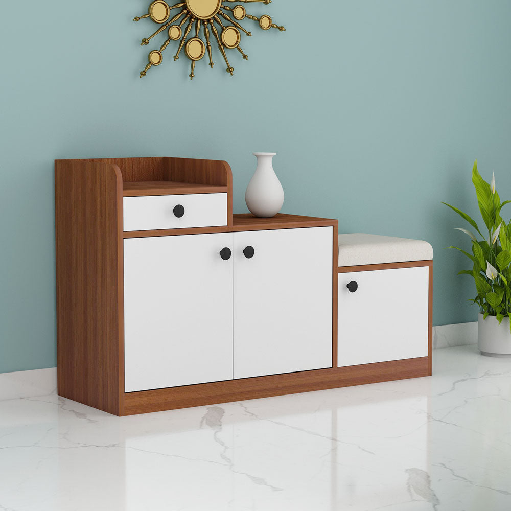 Multipurpose Shoe Cabinet with Cushioned Seating, Drawer & Dual Storage Cabinets – Walnut Finish with White Doors – VT-10078