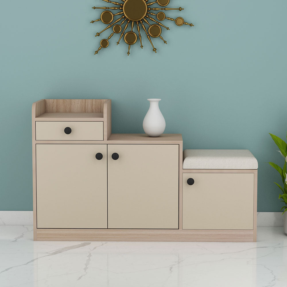 Beige & Oak Finish Wooden Shoe Rack with Cushioned Seat, Drawer & Dual Cabinet Storage – VT-10079