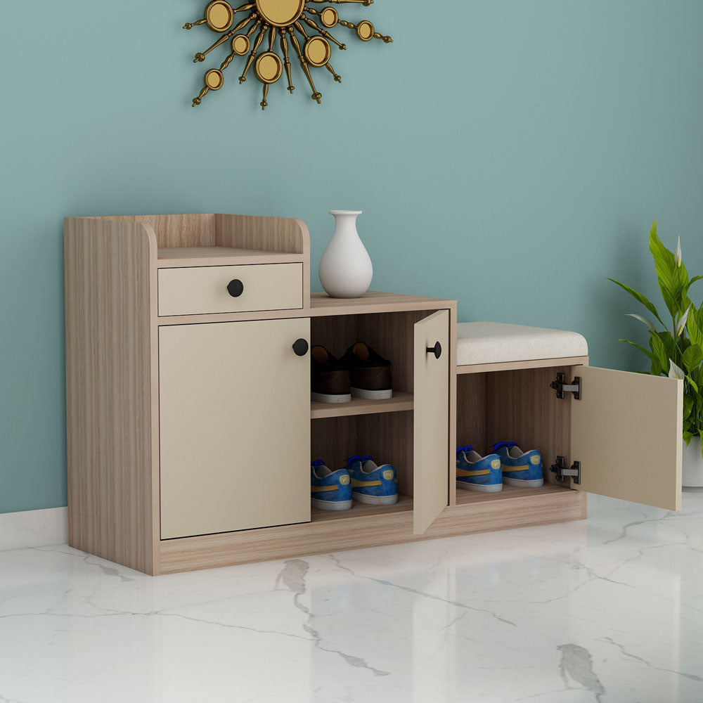 Beige & Oak Finish Wooden Shoe Rack with Cushioned Seat, Drawer & Dual Cabinet Storage – VT-10079