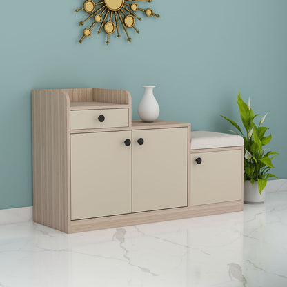 Beige & Oak Finish Wooden Shoe Rack with Cushioned Seat, Drawer & Dual Cabinet Storage – VT-10079