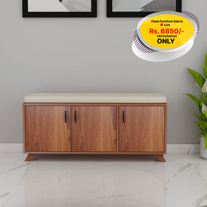 Mid-Century Wooden Shoe Bench with Storage Cabinets & Cushion Seat – VT-10080
