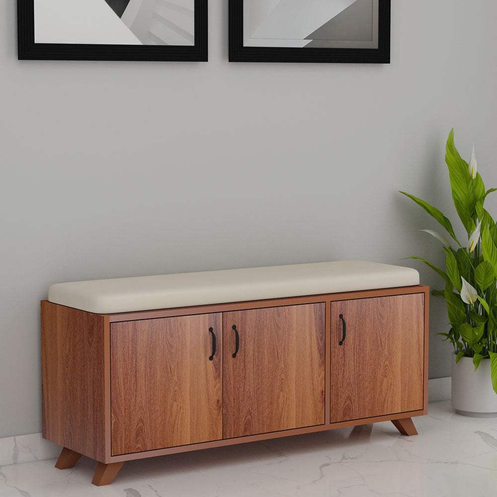 Mid-Century Wooden Shoe Bench with Storage Cabinets & Cushion Seat – VT-10080