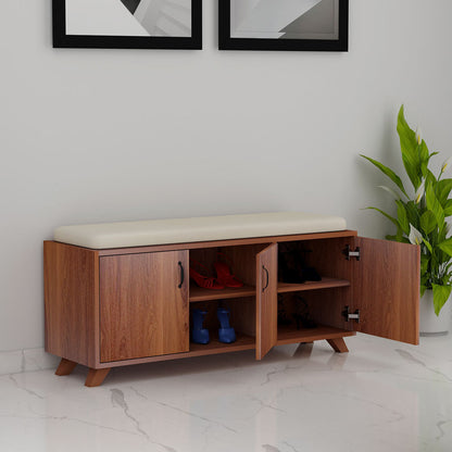 Mid-Century Wooden Shoe Bench with Storage Cabinets & Cushion Seat – VT-10080