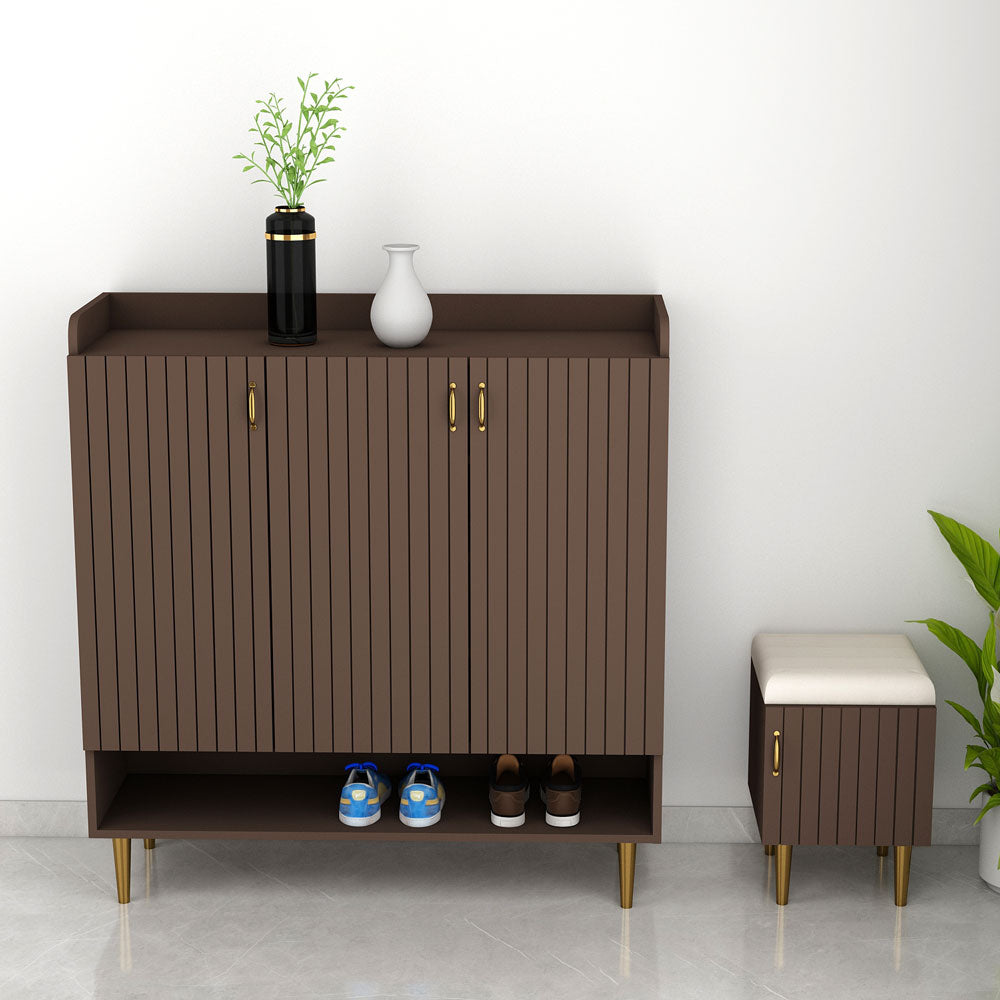 Modern Brown Wooden Shoe Cabinet with Gold Legs and Storage - VT-10083