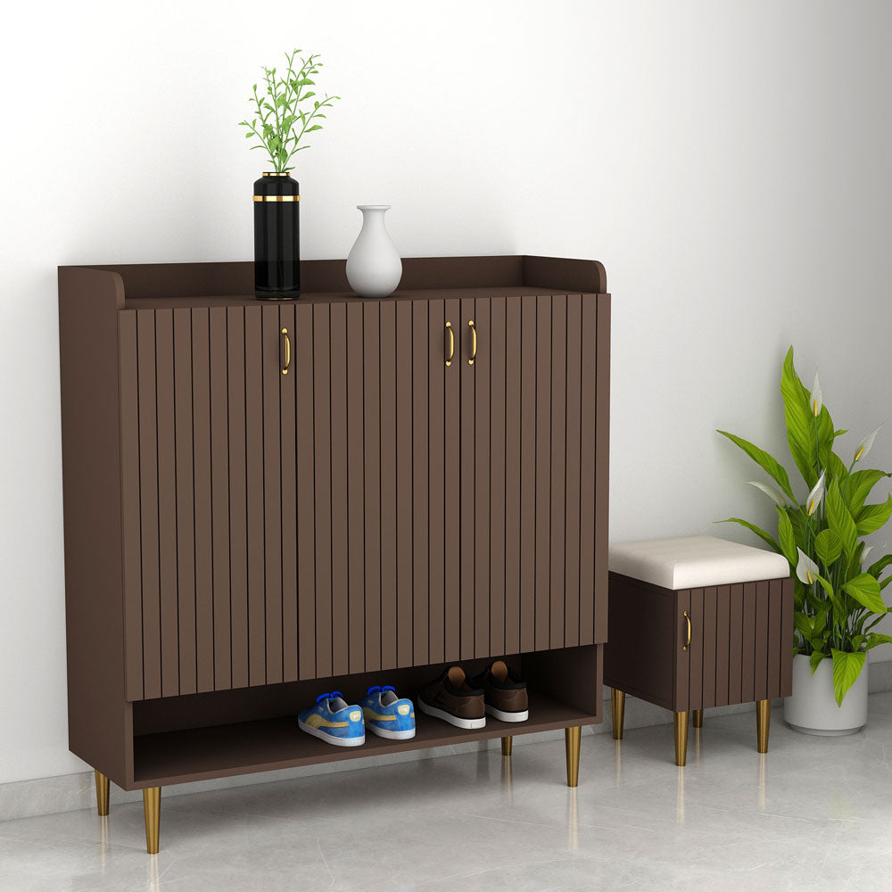 Modern Brown Wooden Shoe Cabinet with Gold Legs and Storage - VT-10083