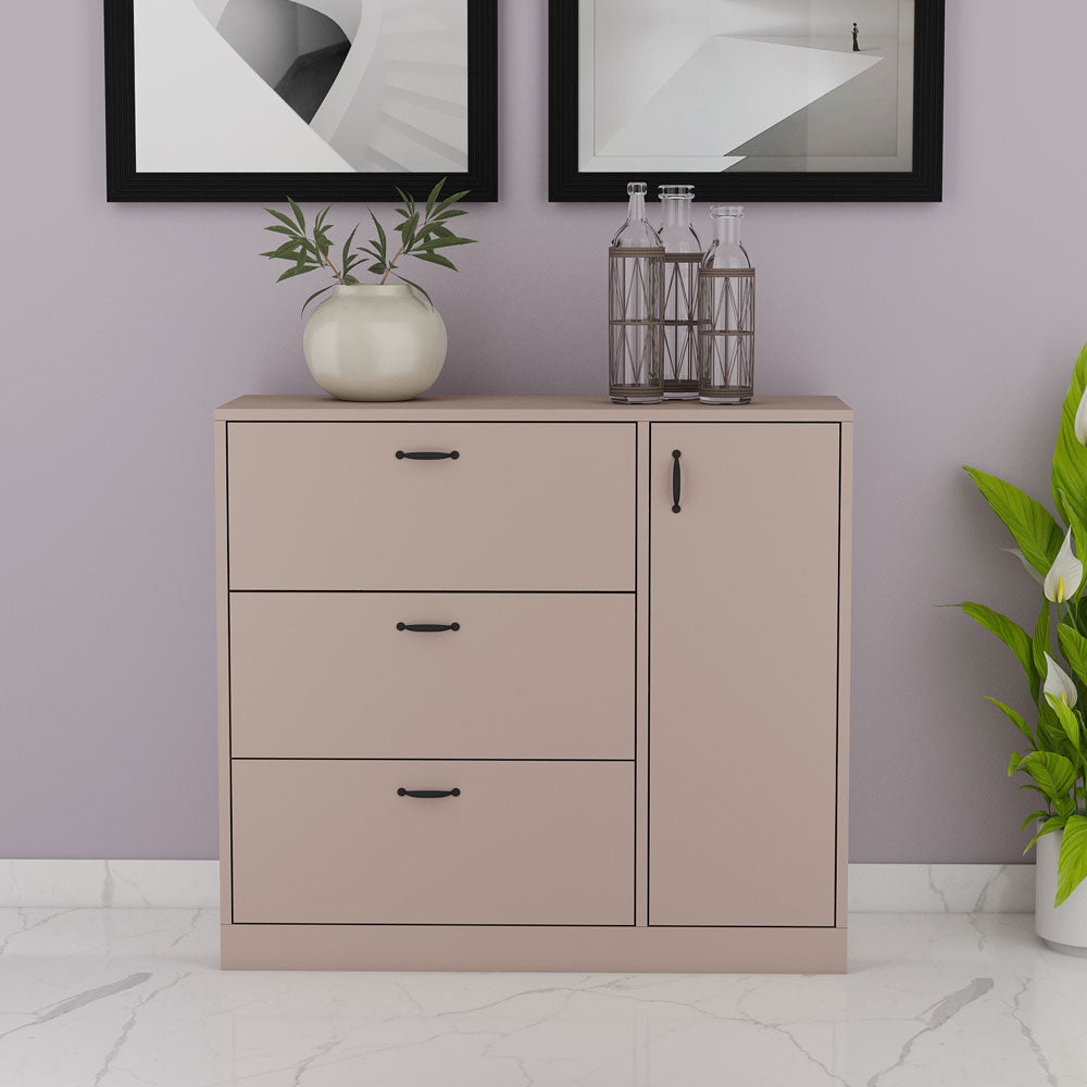 Modern Shoe Storage Cabinet with Flip-Down Door - 2-Drawer Multi-Compartment Organizer featuring Drop-Front Access in Warm Beige Finish with Black Handles VT-10085