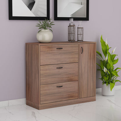 Modern Walnut Finish Shoe Rack with Flip Drawers & Side Cabinet – VT-10086