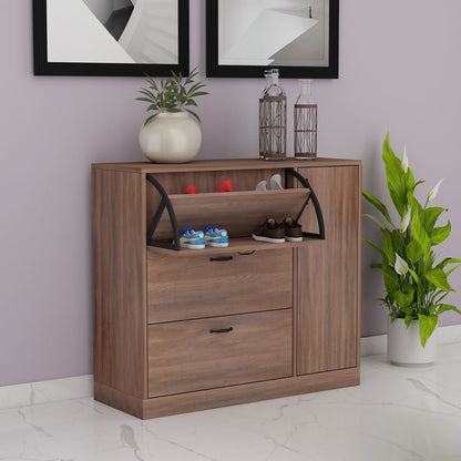 Modern Walnut Finish Shoe Rack with Flip Drawers & Side Cabinet – VT-10086