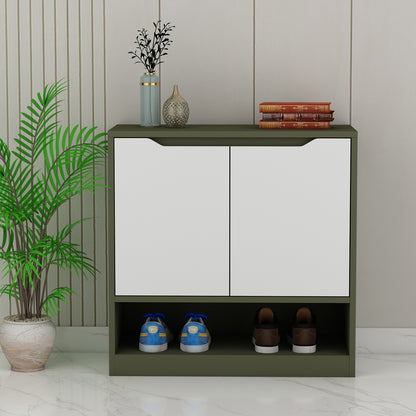 Olive Green & White Modern Shoe Cabinet with 3-Tier Shelves and Single Door Storage – VT-10089