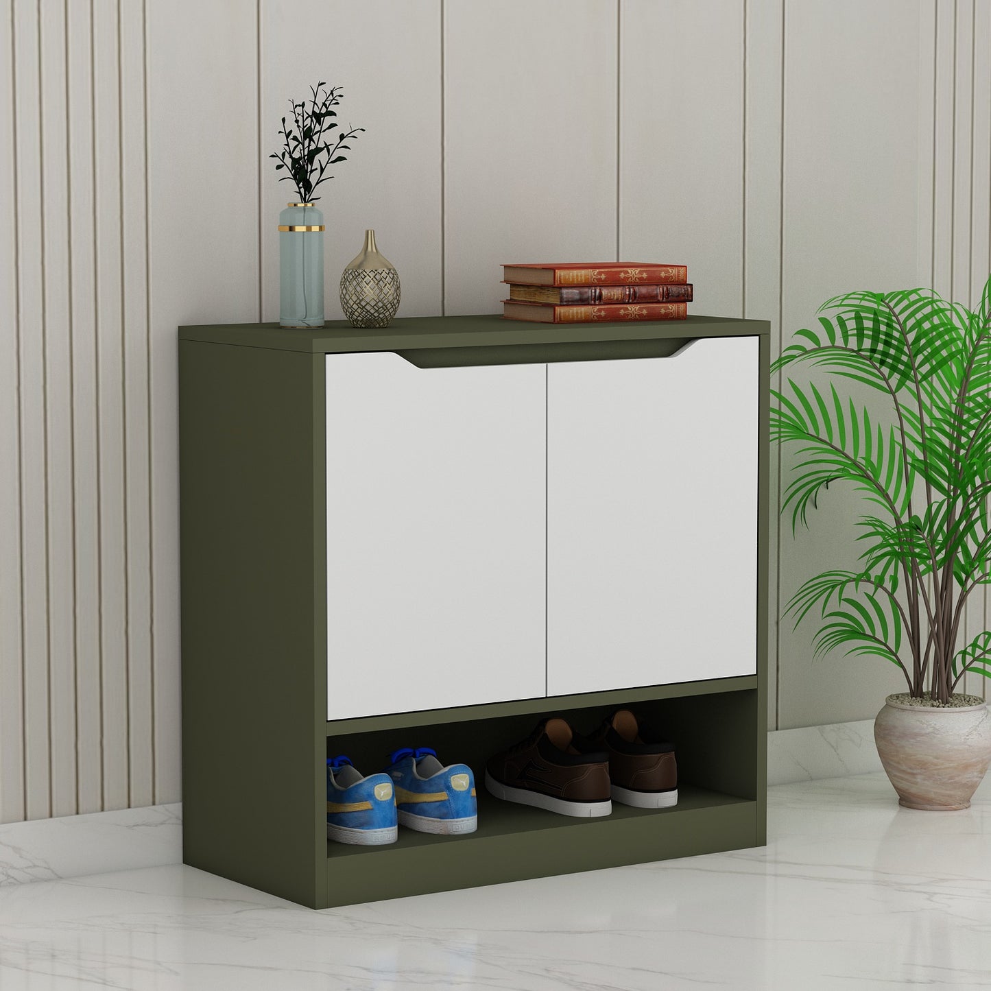 Olive Green & White Modern Shoe Cabinet with 3-Tier Shelves and Single Door Storage – VT-10089