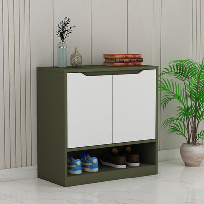 Olive Green & White Modern Shoe Cabinet with 3-Tier Shelves and Single Door Storage – VT-10089