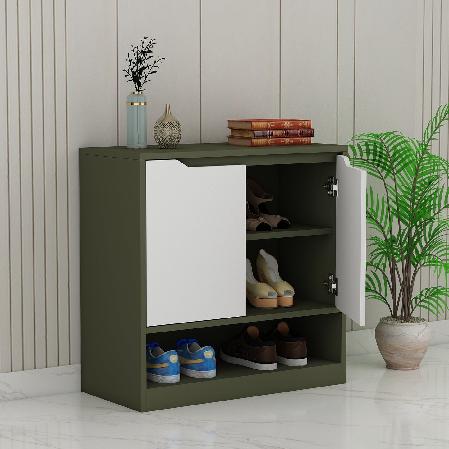 Olive Green & White Modern Shoe Cabinet with 3-Tier Shelves and Single Door Storage – VT-10089